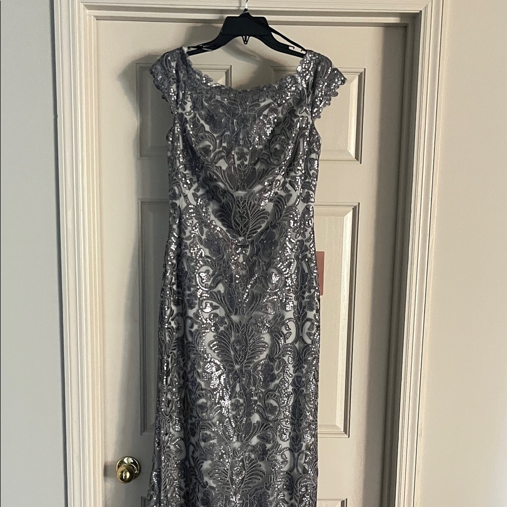Tadashi Shoji Silver Lace Maxi Dress